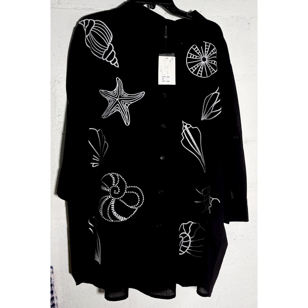 Raviya Embroidered Seashell Button Down Shirt Black Swim Cover Up Coastal Beach